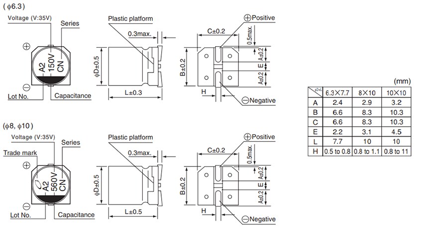 Mechanical Drawing - Nichicon UCN Long Life Aluminum Electrolytic Capacitors